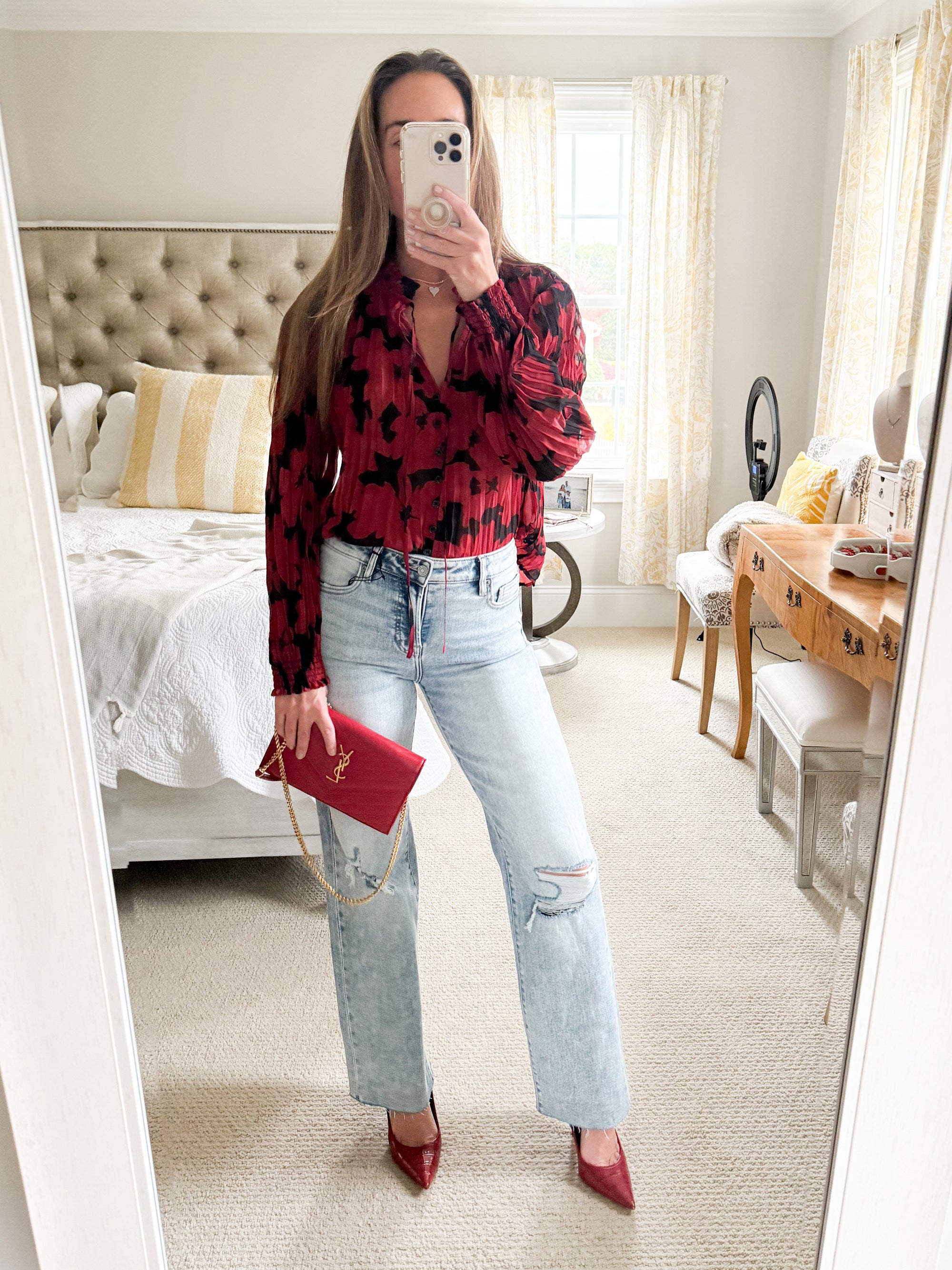 Bella Dahl Smocked Red Floral Blouse
