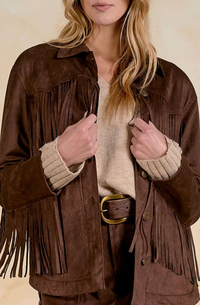 Elan Chocolate Suede Fringe Shacket