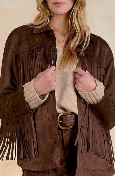Elan Chocolate Suede Fringe Shacket