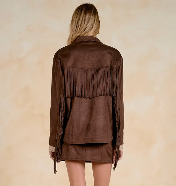 Elan Chocolate Suede Fringe Shacket