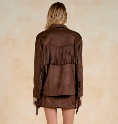 Elan Chocolate Suede Fringe Shacket