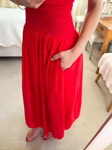 Red Combo Drop Waist Midi Dress-SMALL ONLY