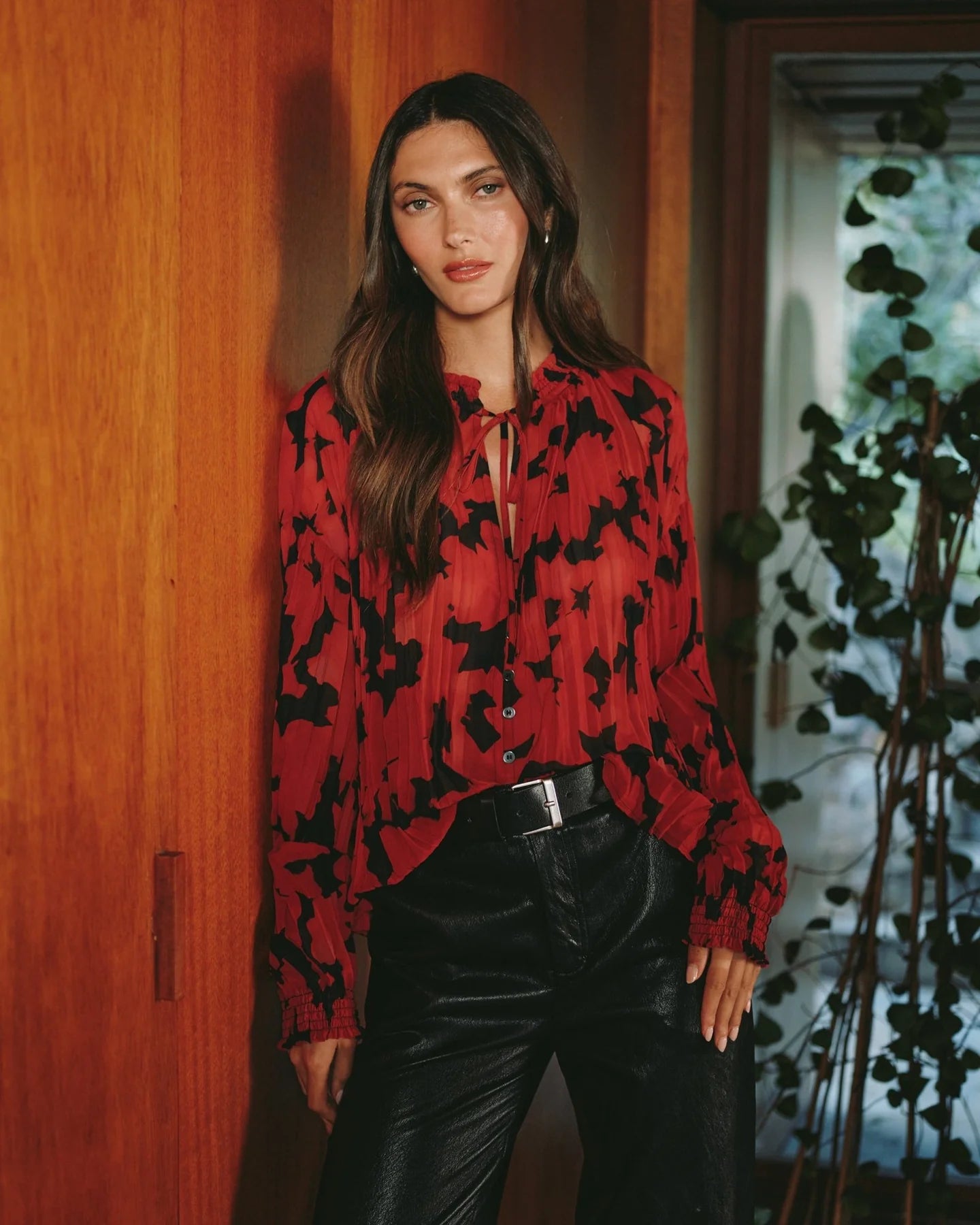 Bella Dahl Smocked Red Floral Blouse