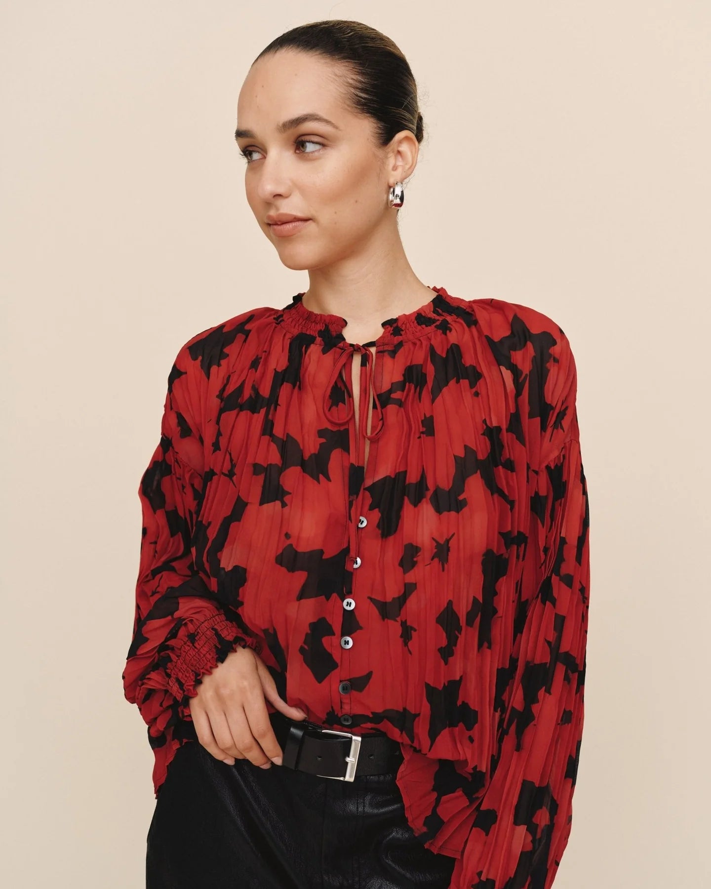 Bella Dahl Smocked Red Floral Blouse